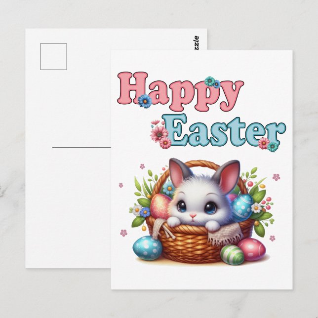 Cute Påskhare i Basket med ägg och blommor Vykort (Fram/baksida)