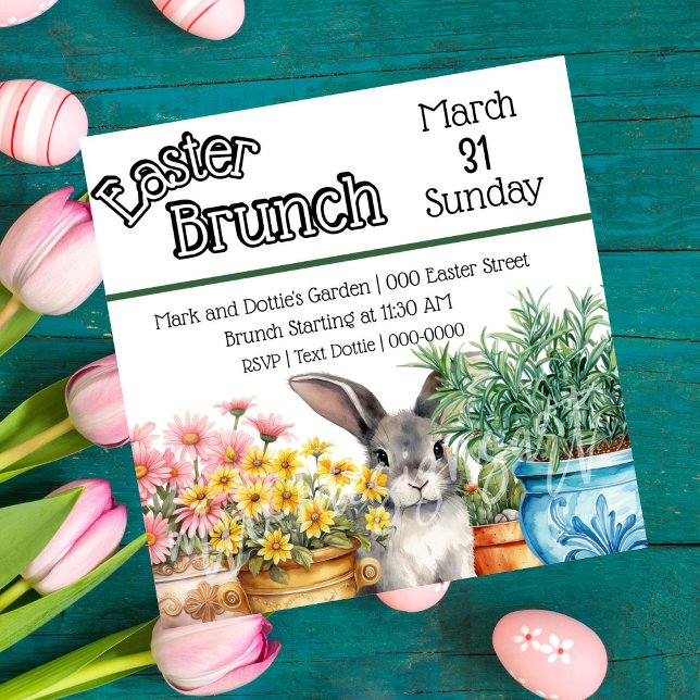 Cute Påskhare i Brunch Garden Påsk Inbjudningar (Easter bunny in the garden customizable Easter Brunch party invitations. )