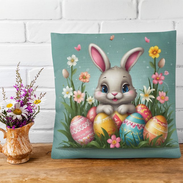 Cute Påskhare med Blommigten Färgad Eggs Kudde (Skapare uppladdad)