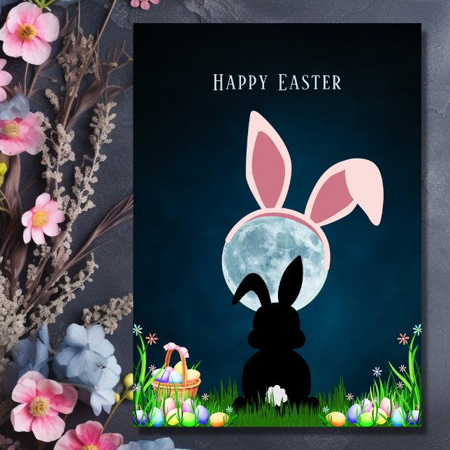 Cute Påskhare och Full Moon Glad påsk Kort (Front - Cute Easter Bunny and Full Moon Happy Easter Card)