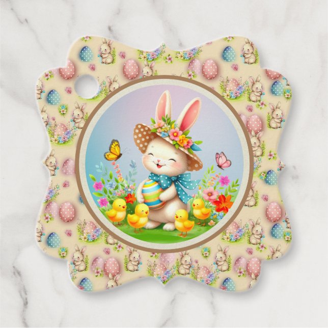 Cute Påskhare och Lycklig Vår blommor Helgdag Gåvor Etiketter (Framsida)