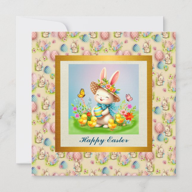 Cute Påskhare och Lycklig Vår blommor Helgdag Inbjudningar (Framsida)