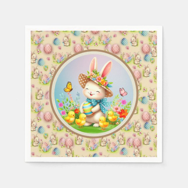 Cute Påskhare och Lycklig Vår blommor Helgdag Pappersservett (Framsidan)
