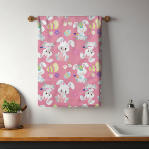 Cute Påskhare Painting Egg Rosa Vår Blommigt Kökshandduk