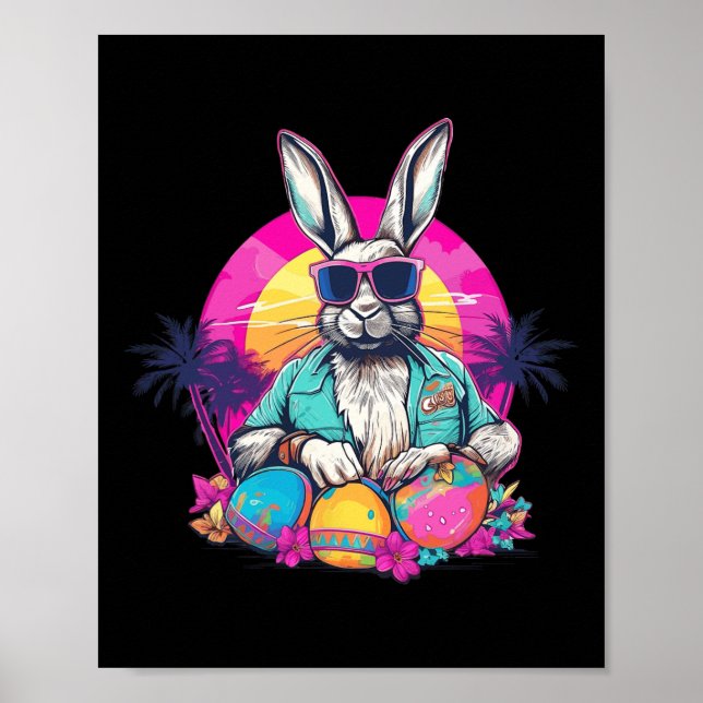 Cute Påskhare Retro Miami ser färgstarka ägg ut Poster (Framsidan)