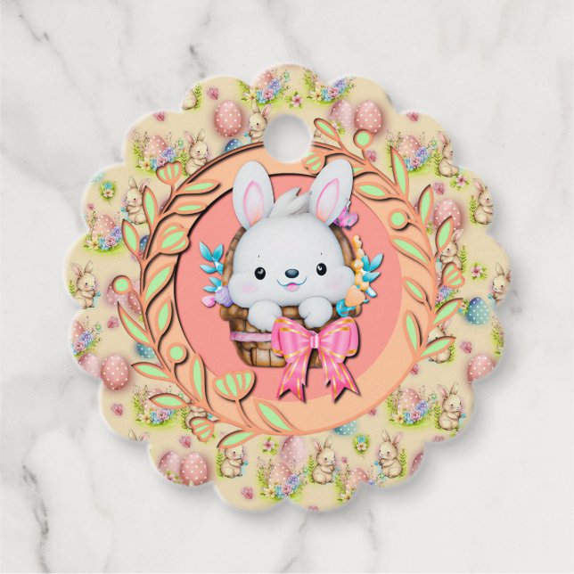 Cute Påskhare Sitta i Basket Gåvor Etiketter (Framsida)