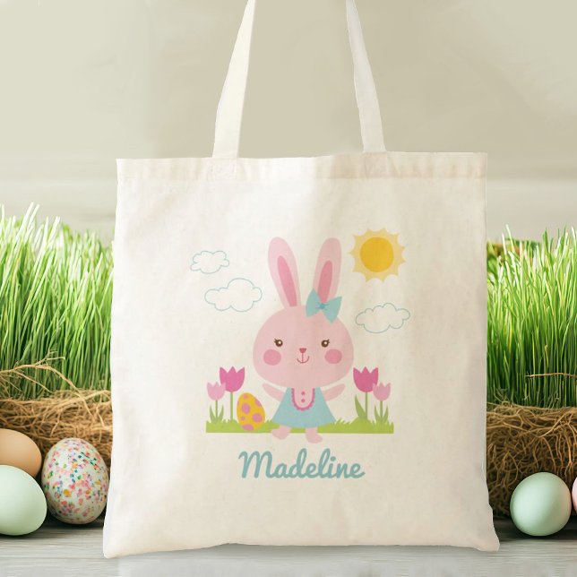 Cute Påskhare Topåse Tygkasse (Personalize this cute pink Easter bunny tote bag with your name. Great gift for an Easter egg hunt.)
