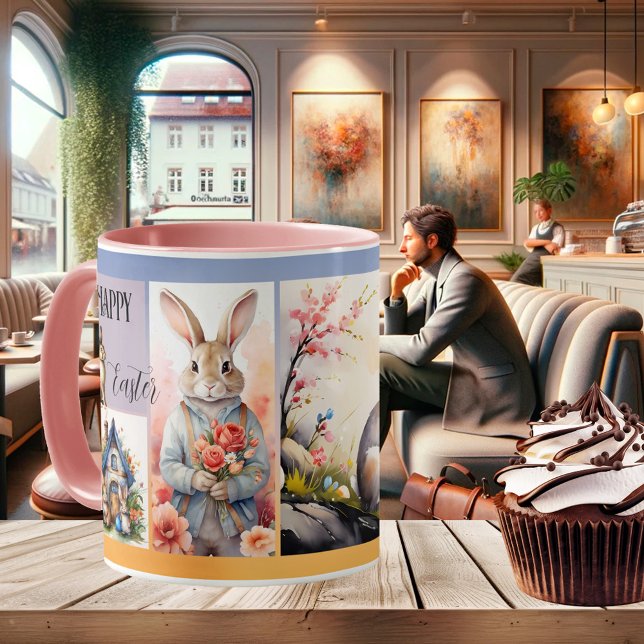 Cute Påskhare Watercolor eller Photo Kaffemugg (Cute girly Easter mug with your photos - or watercolor images of bunnies - on a pastel design)