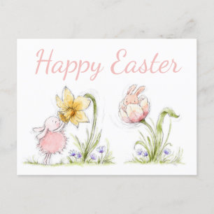 Cute Påskhares and Daffodil Art Vykort