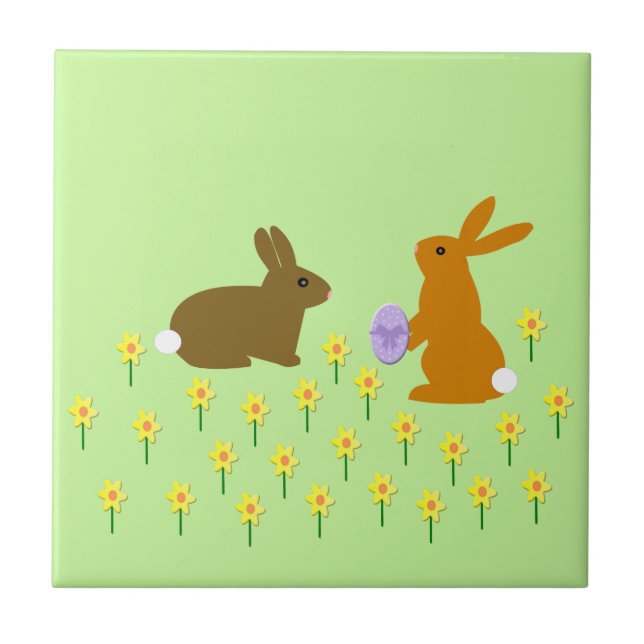 Cute Påskhares and Daffodils Ceramic Tile Kakelplatta (Framsidan)