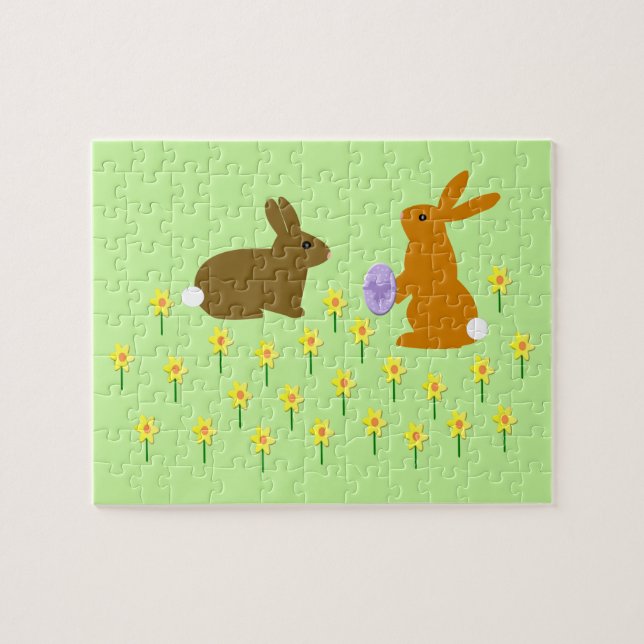 Cute Påskhares and Daffodils Jigszle Puzzle Pussel (Horisontell)