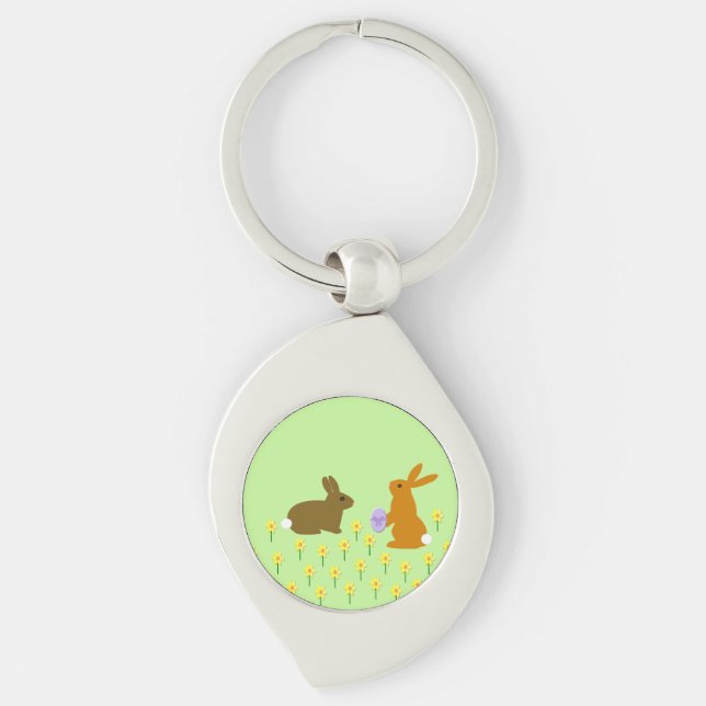 Cute Påskhares and Daffodils Swirl Silverfärgad Nyckelring (Framsidan)