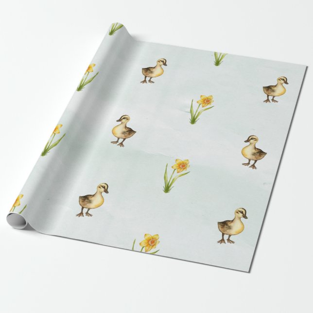 Cute Pastel Ankor och Daffodils Presentpapper (Utrullad)