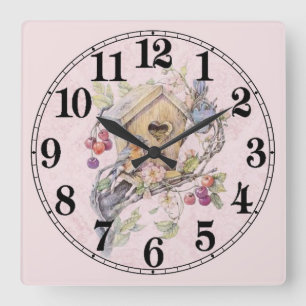 Cute Pastel Bird House Fyrkantig Klocka