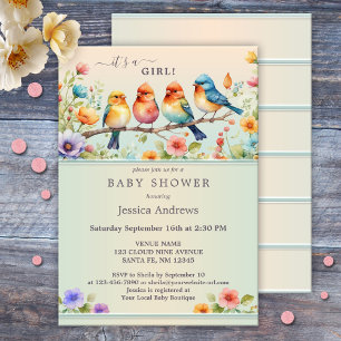 Cute Pastel Birds Watercolor Blommigt Baby Shower Inbjudningar