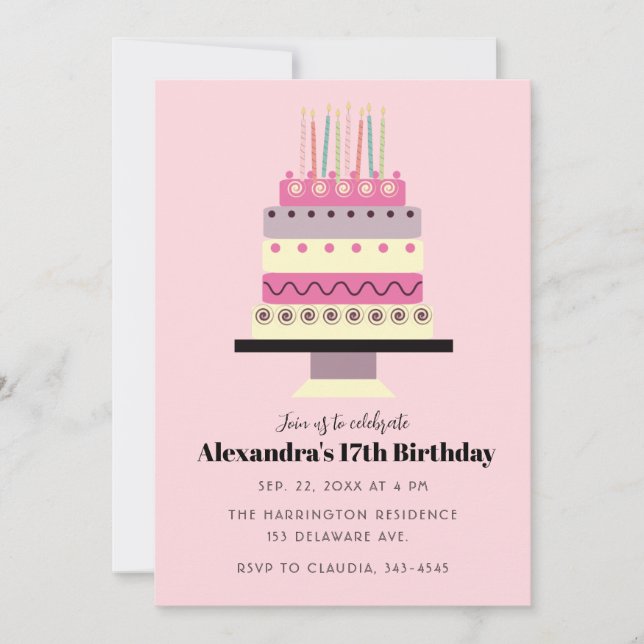 Cute Pastel Birthday Cake Retro Girly Rosa Inbjudningar (Framsida)