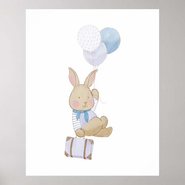 Cute Pastel Blue Ballons Bunny Nursery Decor Poster (Framsidan)