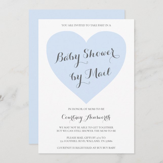 Cute Pastel Blue Heart Boy Shower by Mail Inbjudningar (Fram/baksida)