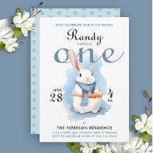Cute Pastel Blue Lite Bunny First Bday Watercolor