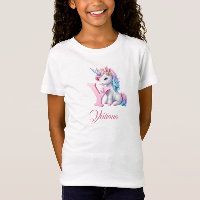 Cute Pastel blue rosa Unicorn Brev Y Monogram T Shirt (Framsida)