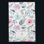 Cute Pastel Blue Watercolor Flowers Monogram  Kökshandduk<br><div class="desc">Cute Pastel Light Blue and Rosa Watercolor Flowers Mönster Kitchen Towel</div>