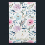 Cute Pastel Blue Watercolor Flowers Monogram  Kökshandduk<br><div class="desc">Cute Pastel Light Blue and Rosa Watercolor Flowers Mönster Kitchen Towel</div>
