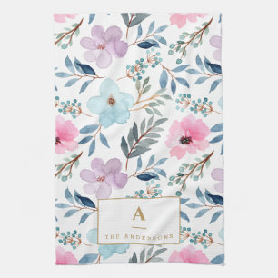 Cute Pastel Blue Watercolor Flowers Monogram  Kökshandduk