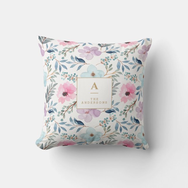 Cute Pastel Blue Watercolor Flowers Monogram   Kudde (Framsida)