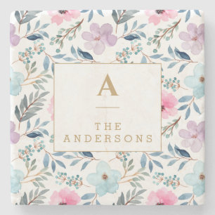 Cute Pastel Blue Watercolor Flowers Monogram Stenunderlägg