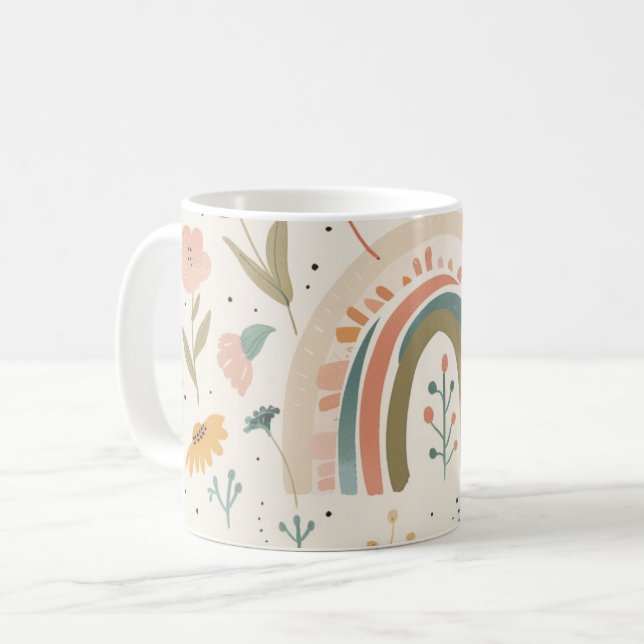 Cute Pastel Blush Teal Boho Flowers and Rainbow Kaffemugg (Framsida vänster)