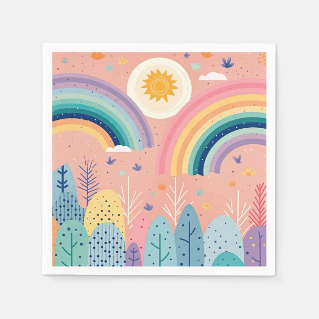 Cute Pastel Boho Rainbow & Sol över skogen Pappersservett (Framsidan)