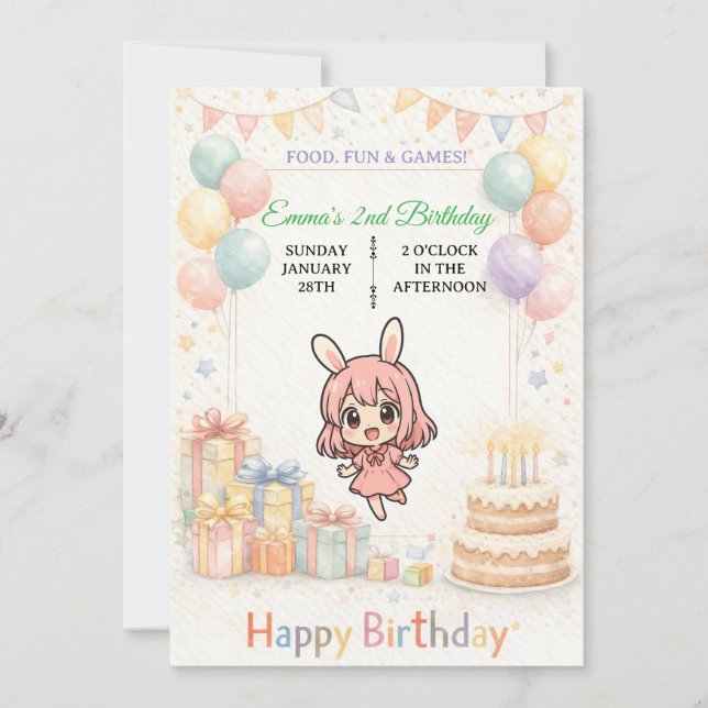 Cute Pastel Bunny Birthday Invitation Inbjudningar (Framsida)