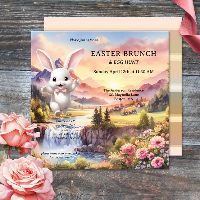 Cute Pastel Bunny Egg Hunt Påsk Brunch Inbjudningar (Easter brunch and egg hunt invitation featuring a pastel landscape painting with a happy bunny)