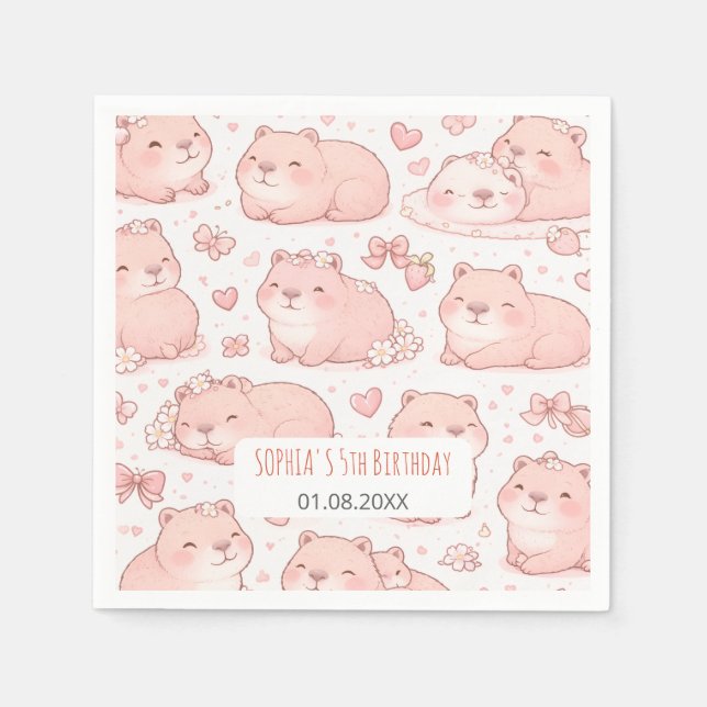 Cute Pastel Capybara Bow Girls  Birthday Party Pappersservett (Framsidan)