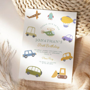 Cute Pastel Car Lastbil Flygplan Rocket Första föd Inbjudningar