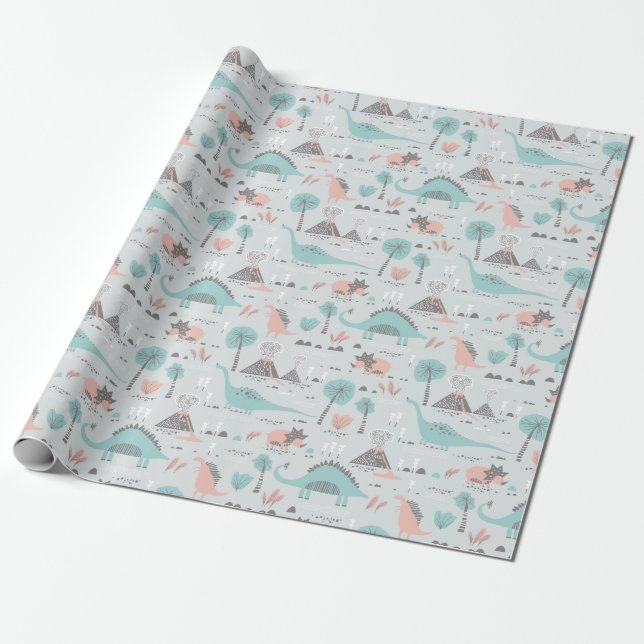 Cute Pastel Dinosaur Mönster Presentpapper (Utrullad)