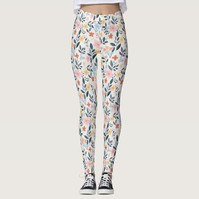 Cute Pastel Ditsy Boho Wildflower Meadow Leggings (Framsida)