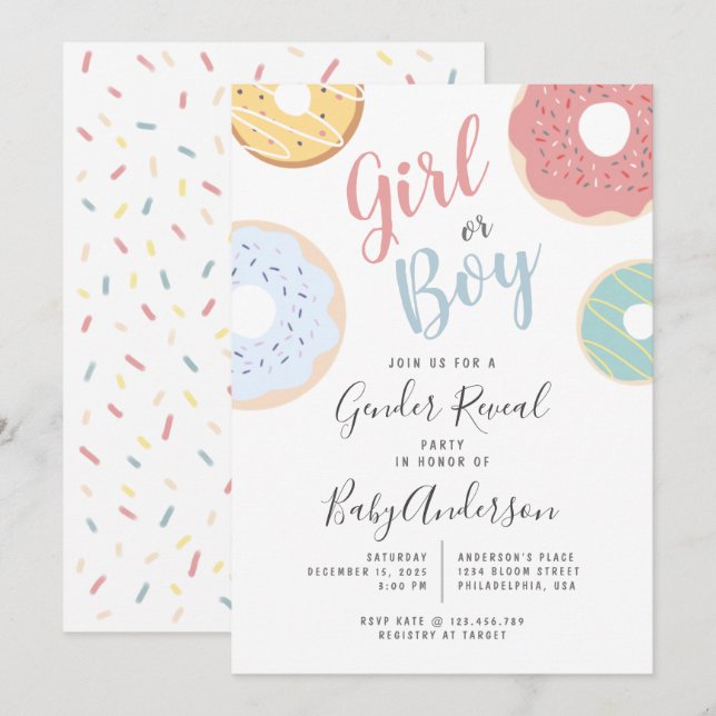 Cute Pastel Donuts Girl eller Boy Gender Reveal Inbjudningar (Fram/baksida)