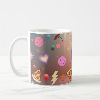 Cute Pastel Doodle Pattern Pizza Cherry Smiley Kaffemugg