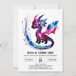 Cute Pastel Dragon Digital Girl Birthday Inbjudningar
