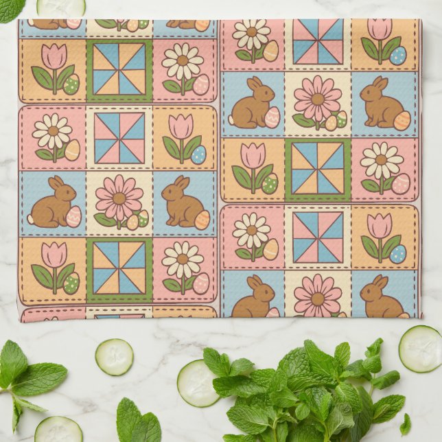 Cute Pastel Easter Bunny Flower Patchwork  Kökshandduk (Vikta)
