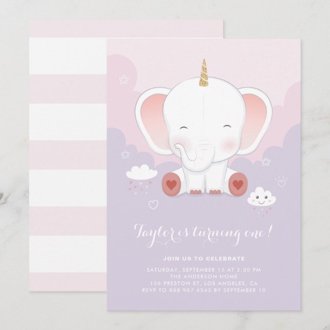 Cute Pastel Elephant Unicorn First Födelsedagsfest Inbjudningar (Fram/baksida)
