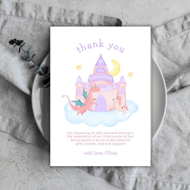 Cute Pastel Fairytale Dragon Unicorn Baby Shower Tack Kort (Cute Pastel Fairytale Dragon Unicorn Baby Shower Thank You Card)
