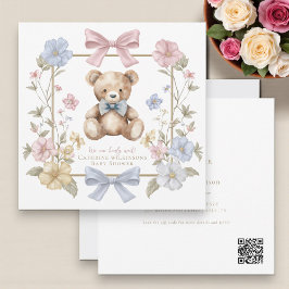 Cute pastel Floral Teddy Bear Baby Shower QR code Inbjudningar