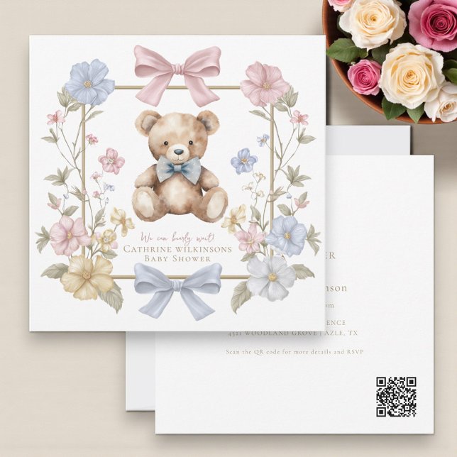 Cute pastel Floral Teddy Bear Baby Shower QR code  Inbjudningar (Skapare uppladdad)
