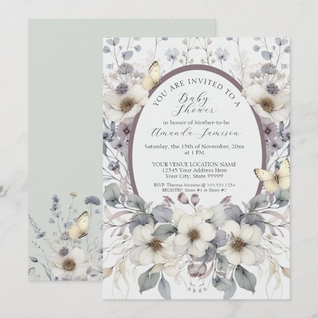 Cute Pastel Flower Butterfly Lavender Gult Baby Inbjudningar (Fram/baksida)
