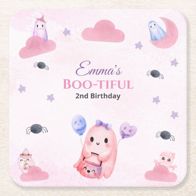 Cute Pastel Ghost vattencolor Halloween Birthday Underlägg Papper Kvadrat (Framsidan)