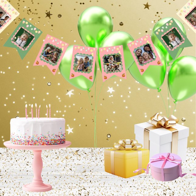 Cute Pastel Girl Family Milestone Moments Birthday Vimplar (Your personalized text and favorite uploaded photos on a 16 flag bunting string in pastel colors)