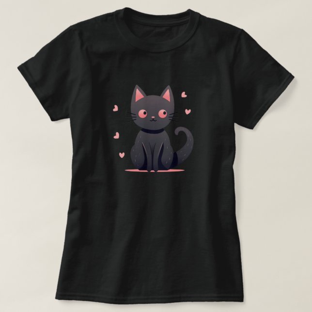 Cute Pastel Goth Black Cat med Rosa Hearts Tee (Design framsida)