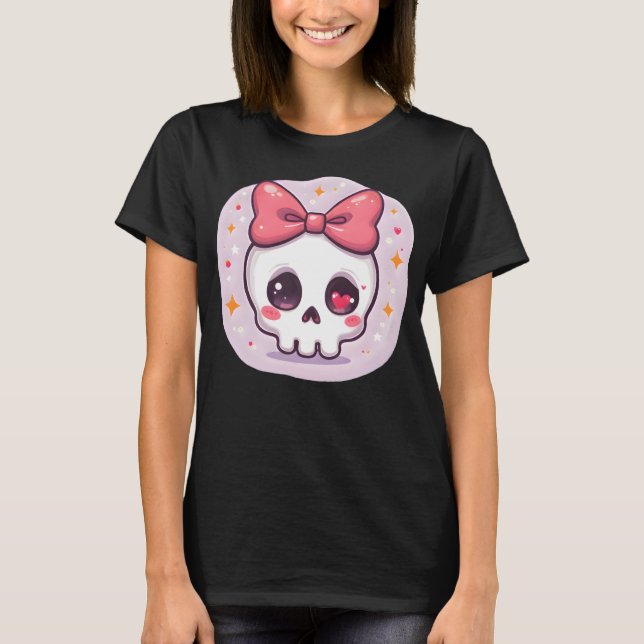 Cute Pastel Goth Skull with Bow T Shirt (Framsida)